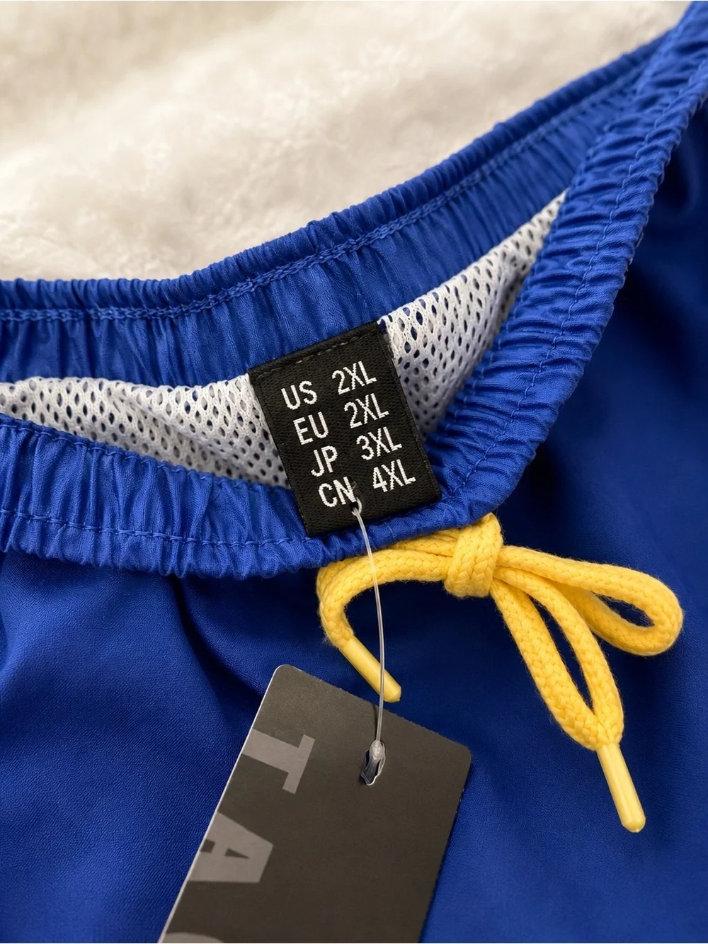 Men's Cobalt Blue Swim Trunks with Yellow Drawcord